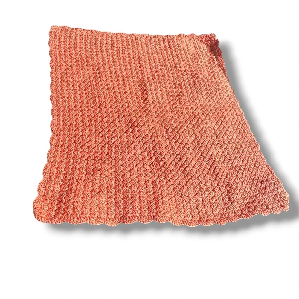 Handmade Crochet Baby Blanket Terracotta Coral Scalloped Popcorn Stitch 29x24